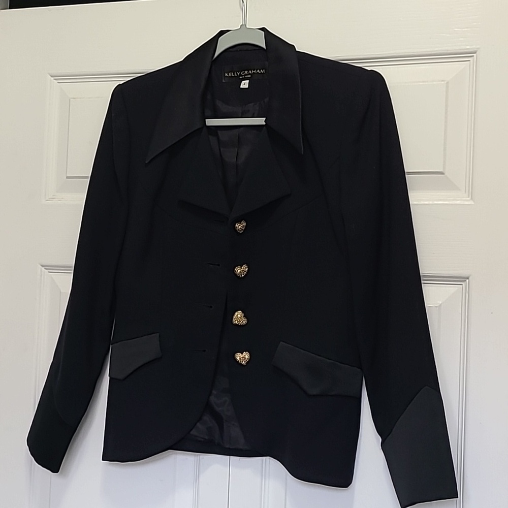 Kelly Graham New York Satin‎ Black Tuxedo Blazer Size 4 Gold Heart Bling Buttons - Picture 13 of 17